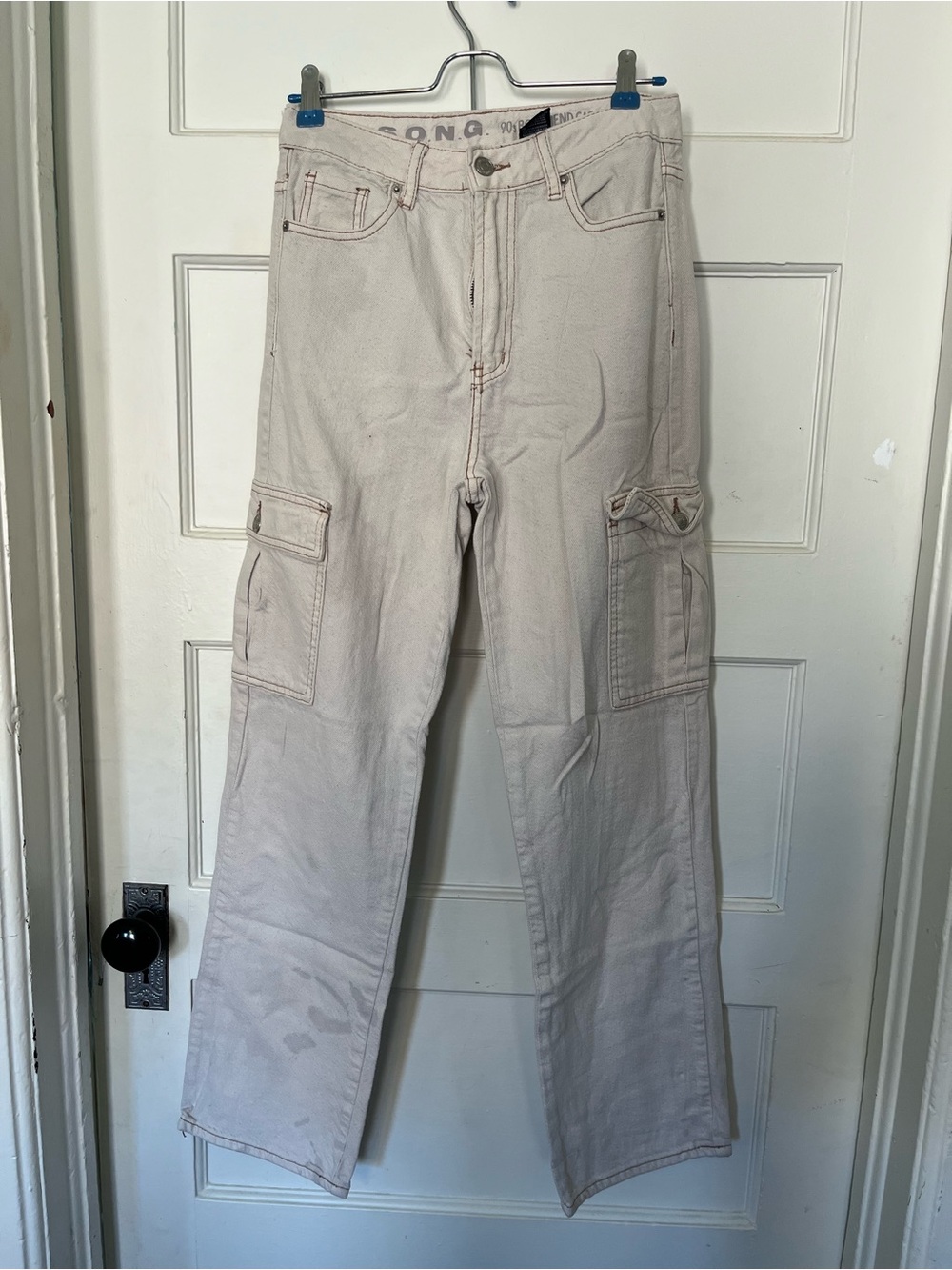 Light Cream Cargo Jeans - Utility Pocket Detail